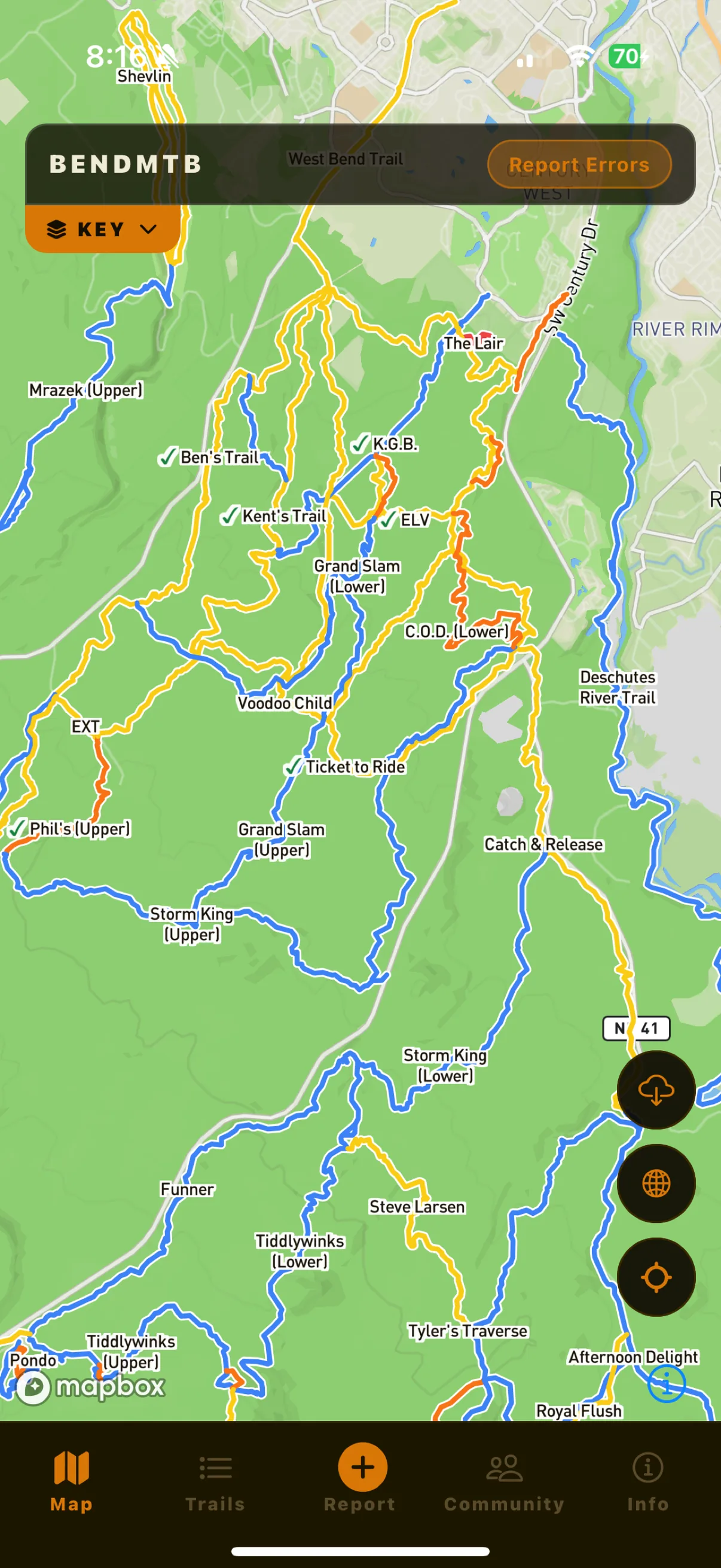 Map screen showing color-coded trail network across the Phil's complex, with a difficulty and conditions key