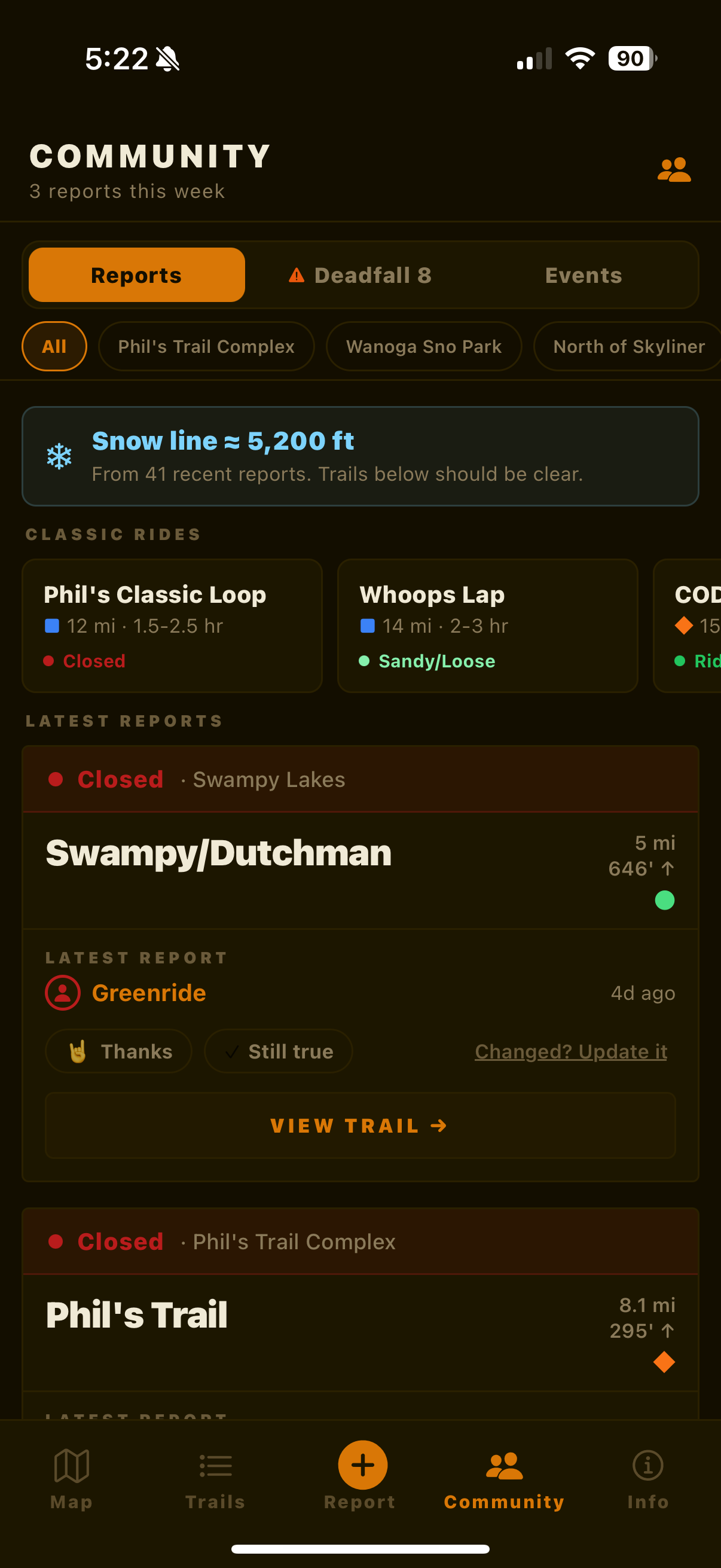 Trail detail screen showing Ben's Trail conditions
