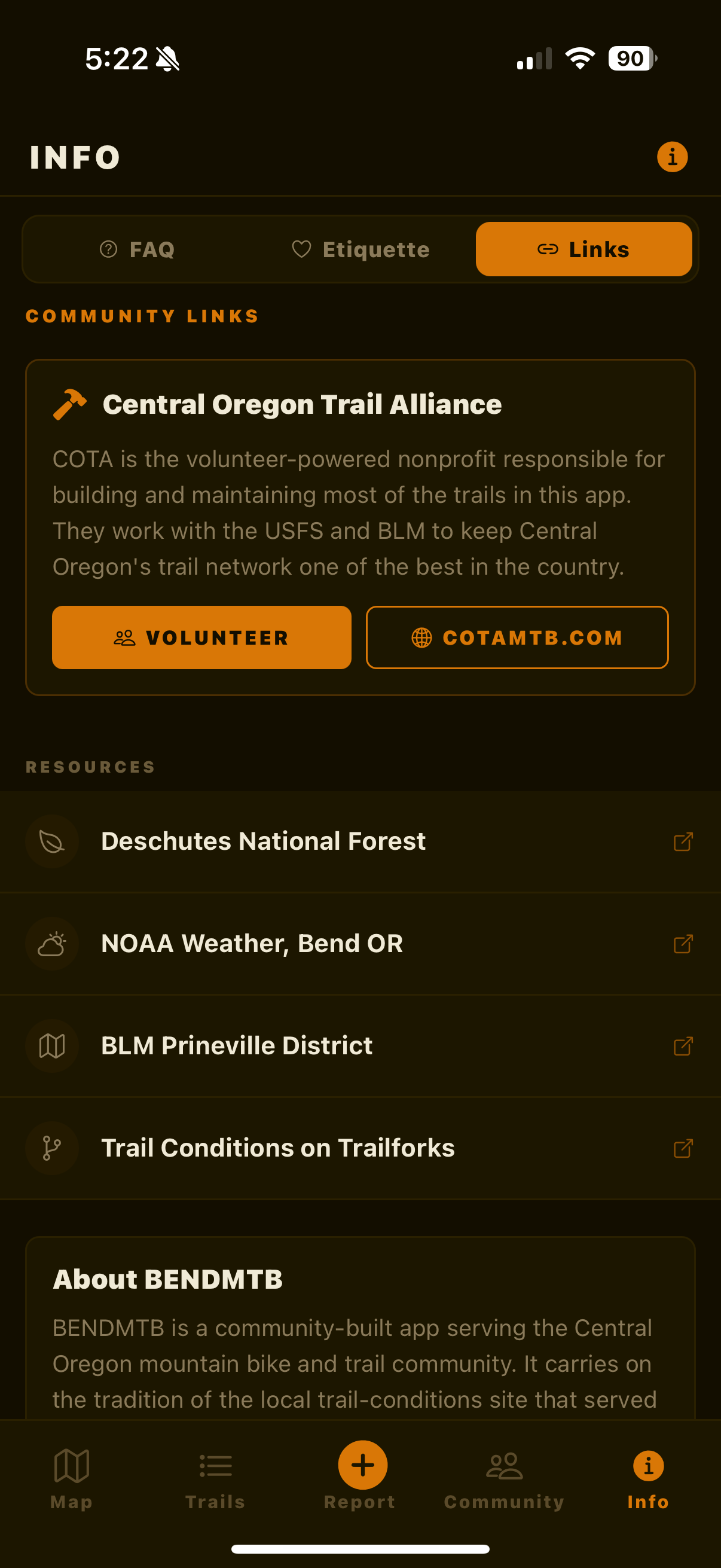 Community screen showing latest trail reports