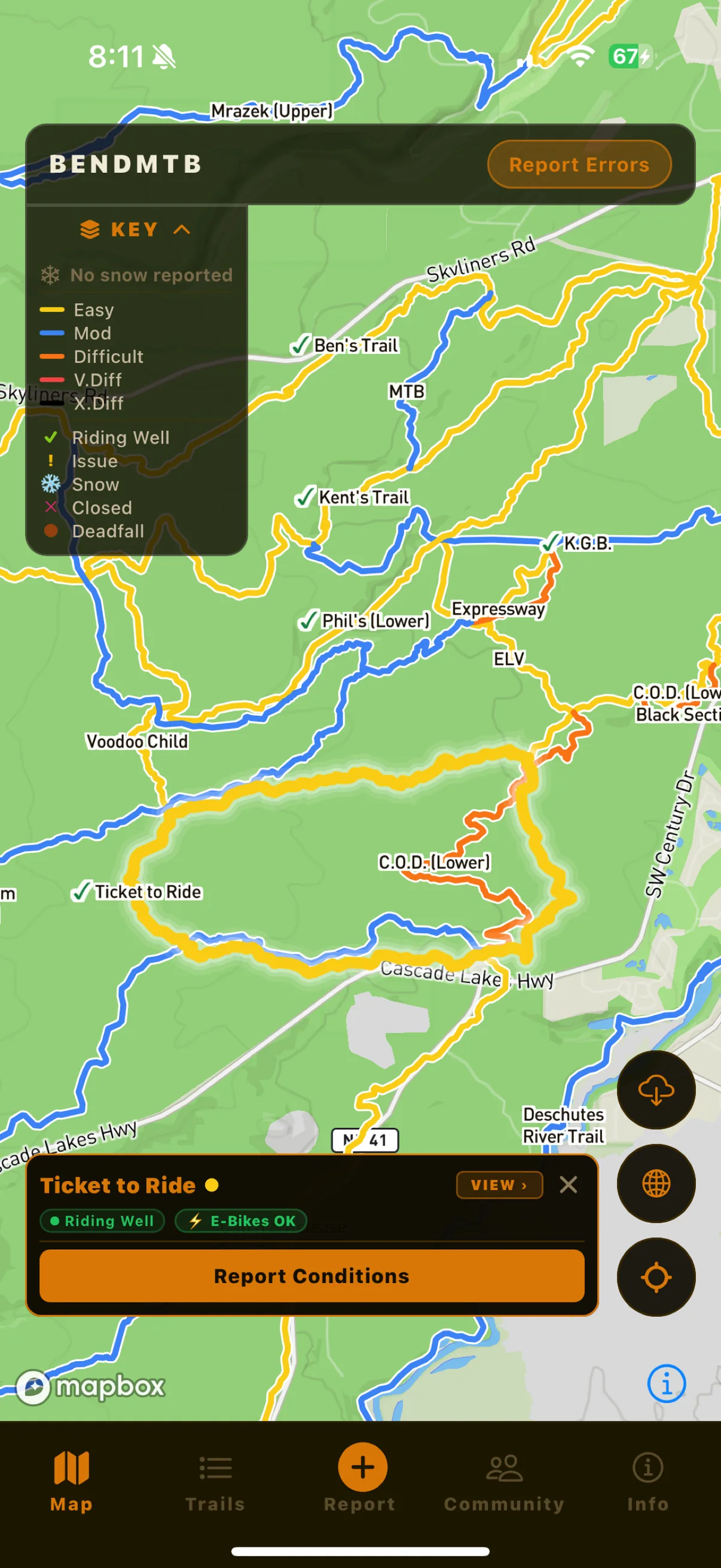 Map with a trail popup open, showing current condition and a Report Conditions button