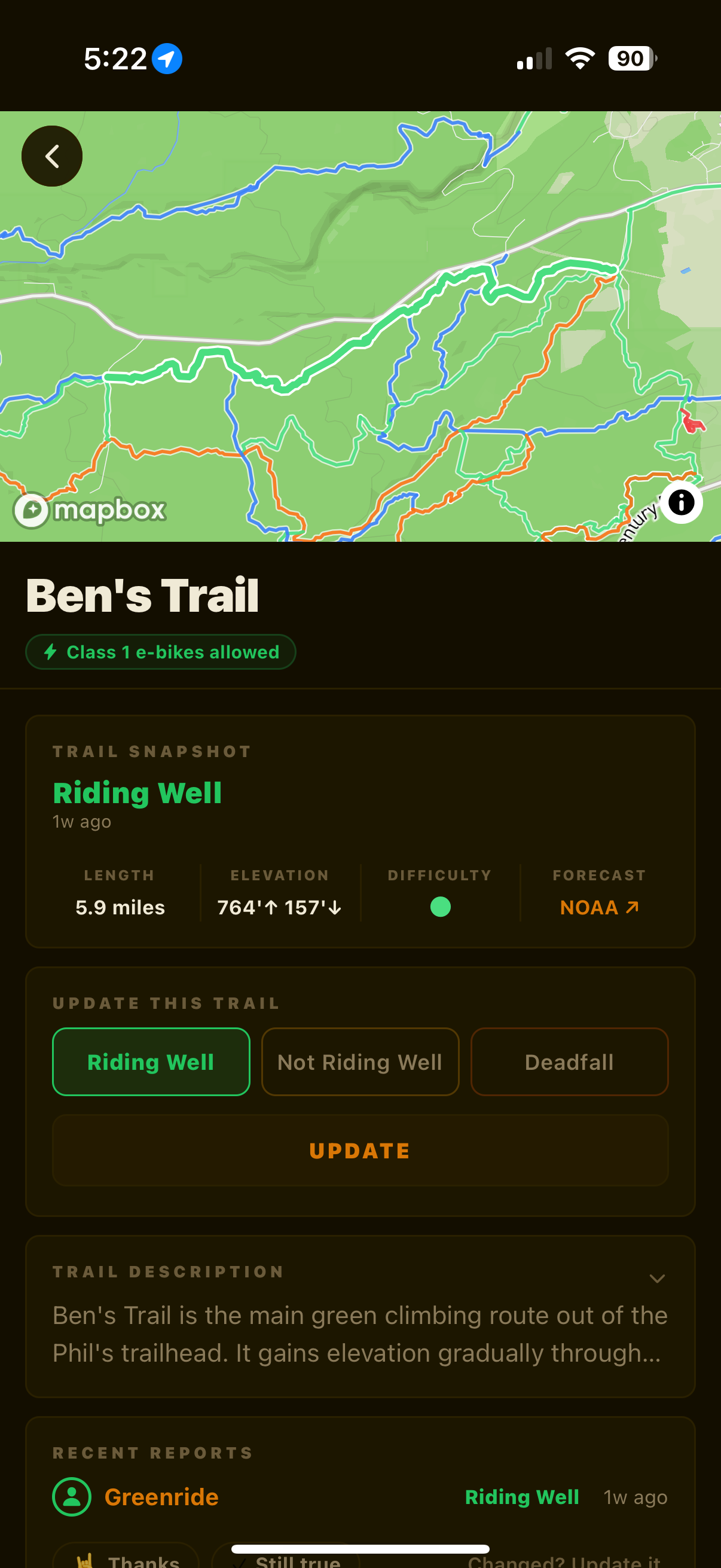 Map screen showing color-coded trail network