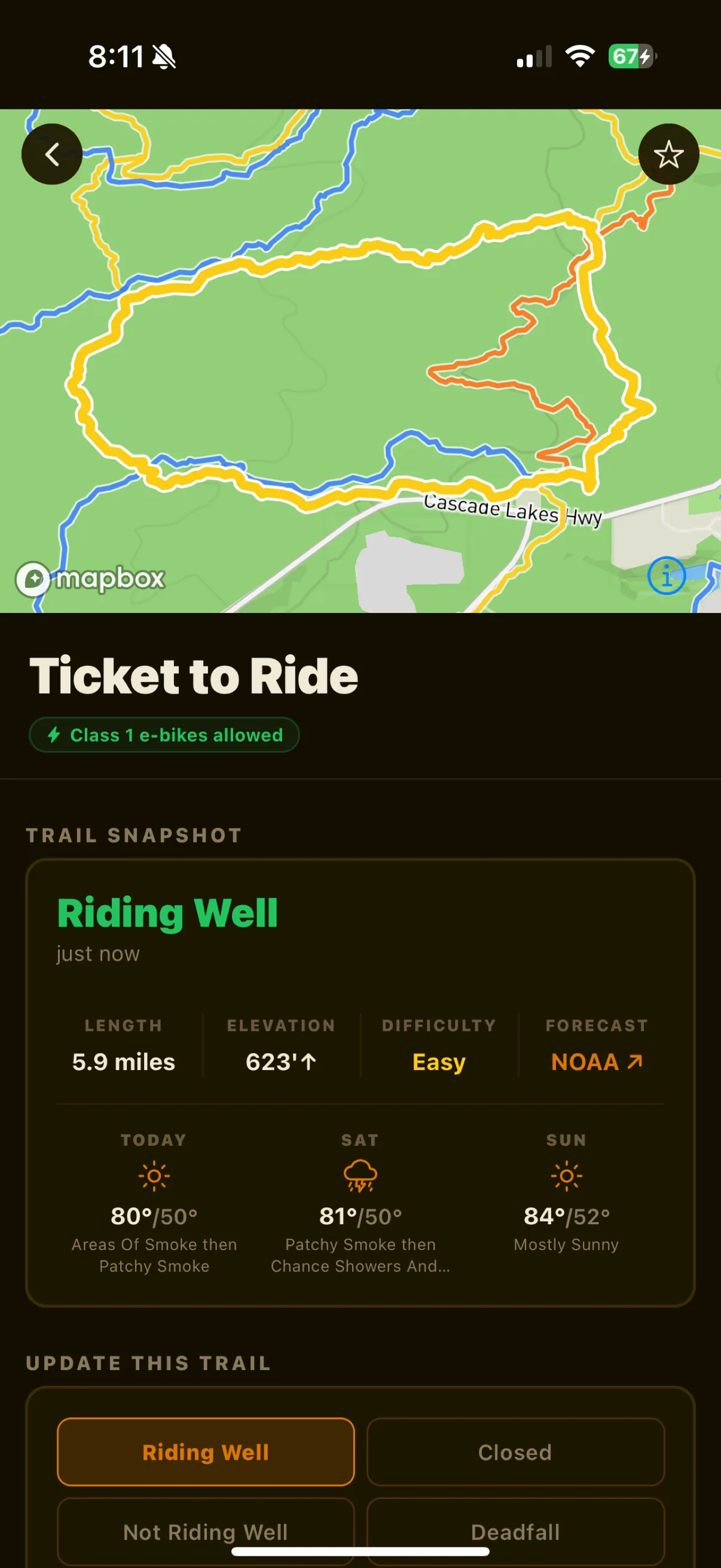 Trail detail screen showing current condition, distance, elevation, and NOAA forecast